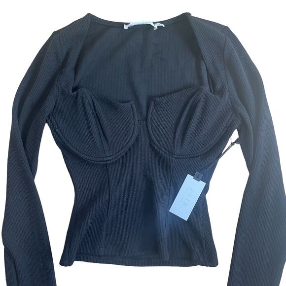 ASTR The Label Black Ribbed Long Sleeve Bustier Top Women’s Size Small - Picture 1 of 4